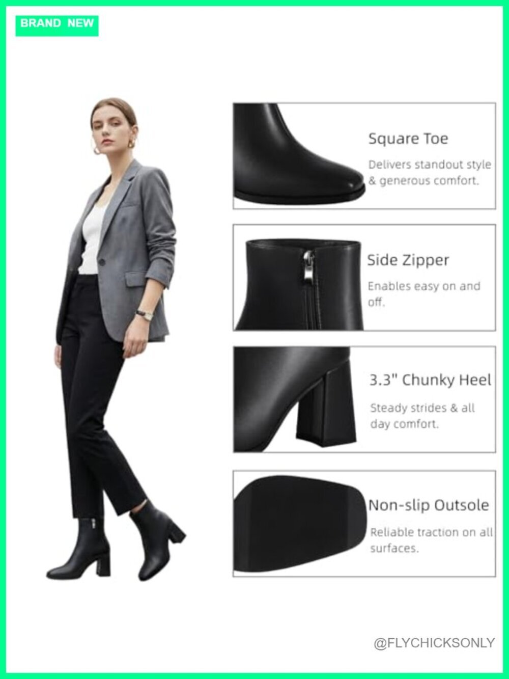 Women's Square Toe Ankle Boots Chunky Block Heel Booties Mid Heel Dressy Work - Picture 3 of 6